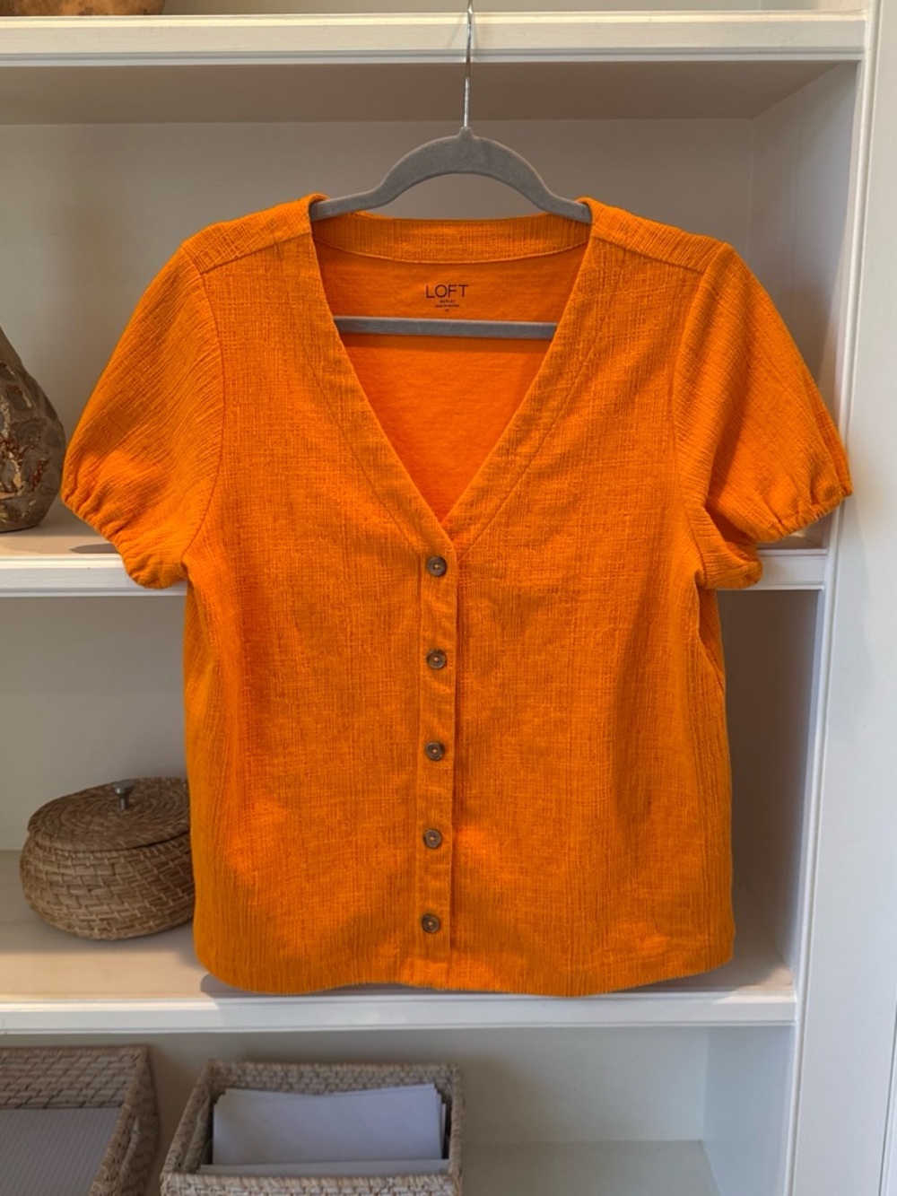 LOFT Orange Button-Front Short Sleeve Top